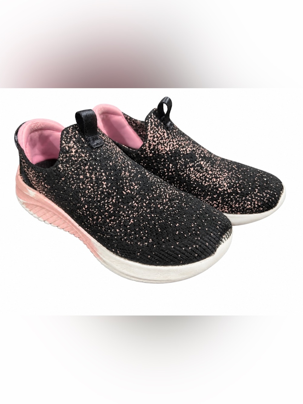 Skechers Girls Size 2 Black Pink Sparkle Slip On Memory Foam Sneakers